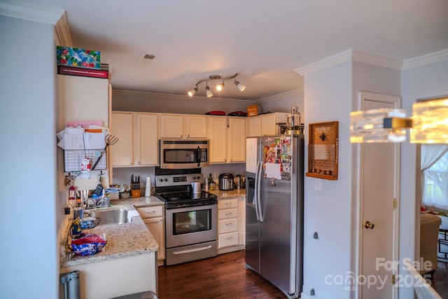 kitchen with stainless steel appliances, ornamental molding, dark wood-style floors, and a sink