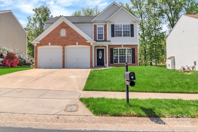 traditional-style home with brick siding, driveway, a front lawn, and a garage