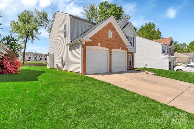 view of property exterior featuring concrete driveway, an attached garage, a yard, and brick siding