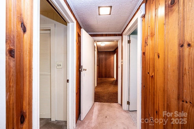 hall with light carpet and wood walls