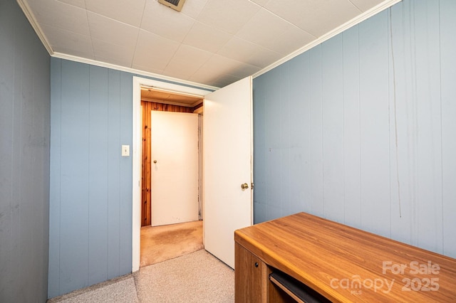 corridor with light colored carpet and crown molding