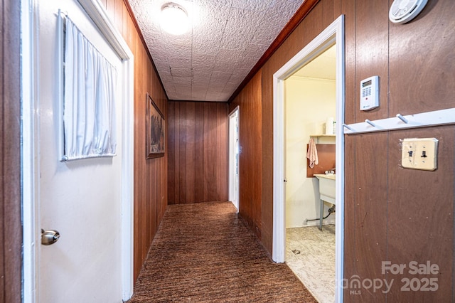 hall featuring wood walls and carpet floors