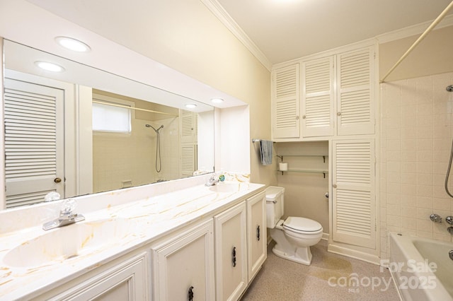 bathroom featuring ornamental molding, toilet, recessed lighting, shower / bath combination, and vanity