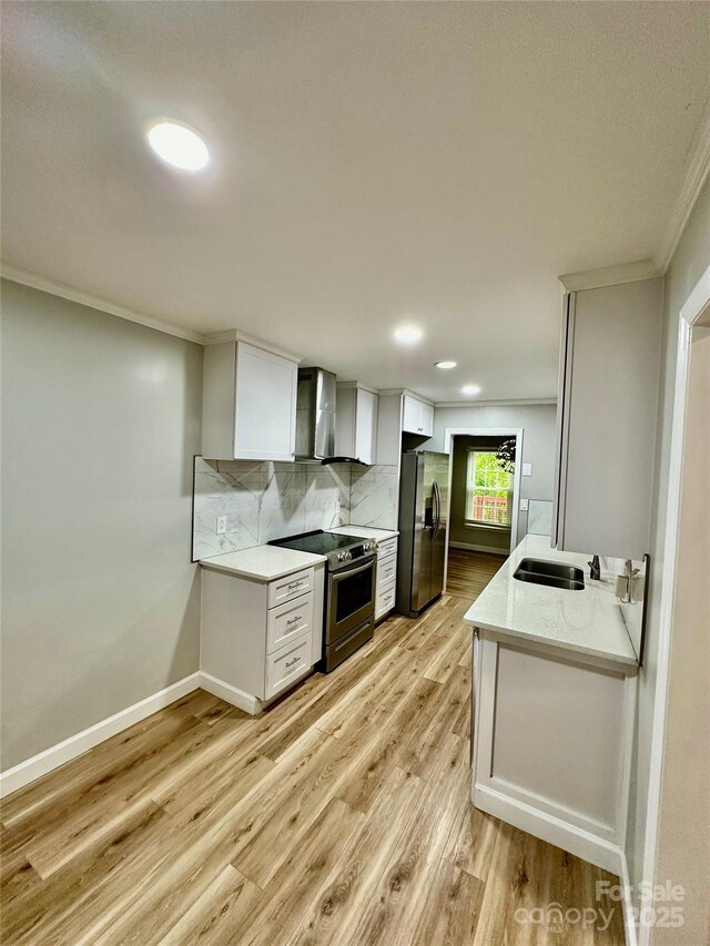 10805 Winterbourne Ct, Charlotte, NC 28277 - kitchen with wall chimney range hood, ornamental molding, light countertops, stainless steel appliances, and light wood finished floors