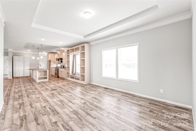 unfurnished living room featuring a sink, crown molding, light wood-type flooring, baseboards, and a raised ceiling