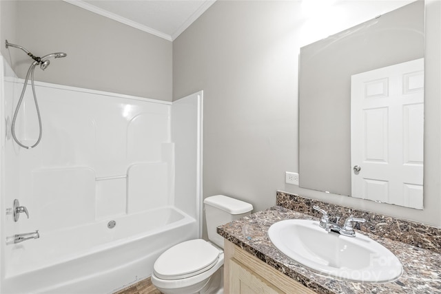bathroom with crown molding, toilet, vanity, and shower / bathtub combination