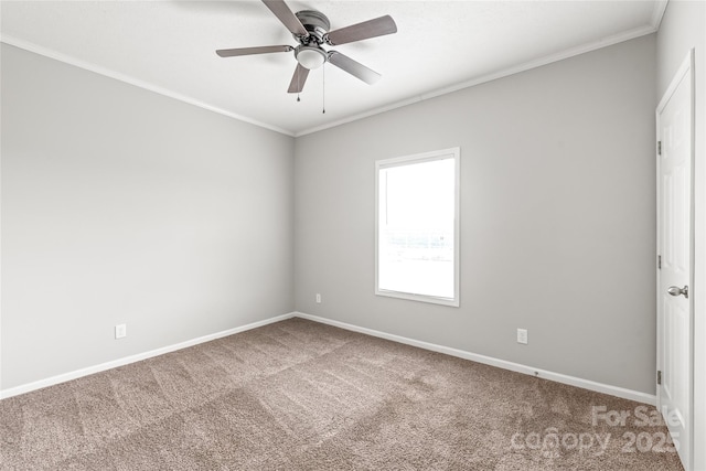 carpeted spare room with ornamental molding, baseboards, and a ceiling fan