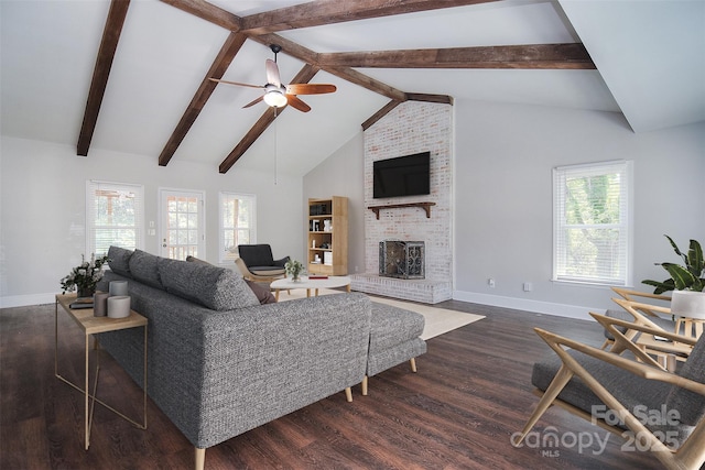 6008 Corkstone Dr, Mint Hill, NC 28227 - living room with ceiling fan, baseboards, a fireplace, and dark wood-style floors