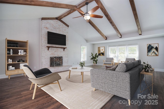 6008 Corkstone Dr, Mint Hill, NC 28227 - living room featuring ceiling fan, a fireplace, wood finished floors, baseboards, and beam ceiling