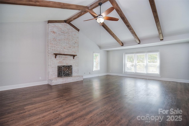 6008 Corkstone Dr, Mint Hill, NC 28227 - unfurnished living room with ceiling fan, beam ceiling, baseboards, a fireplace, and high vaulted ceiling