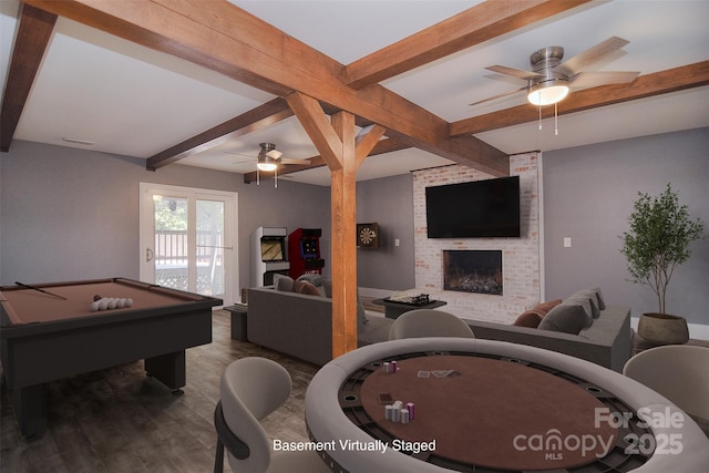 6008 Corkstone Dr, Mint Hill, NC 28227 - rec room featuring ceiling fan, beamed ceiling, a brick fireplace, wood finished floors, and billiards