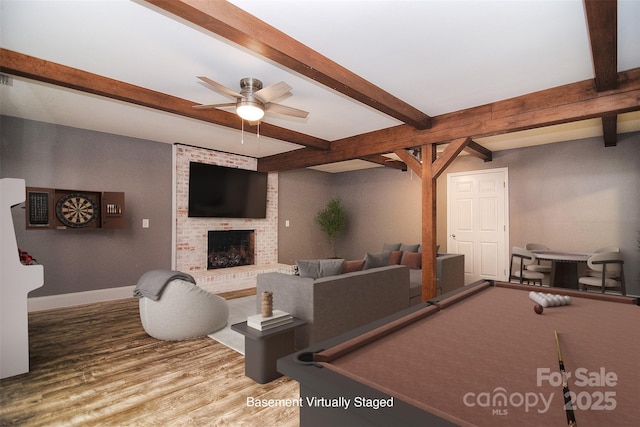 6008 Corkstone Dr, Mint Hill, NC 28227 - rec room featuring beamed ceiling, wood finished floors, a ceiling fan, a fireplace, and pool table