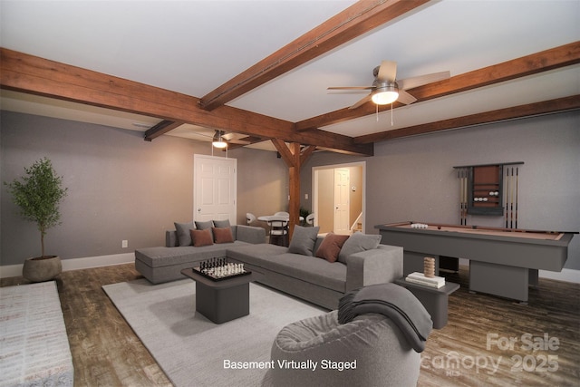 6008 Corkstone Dr, Mint Hill, NC 28227 - living area with ceiling fan, wood finished floors, beamed ceiling, and baseboards