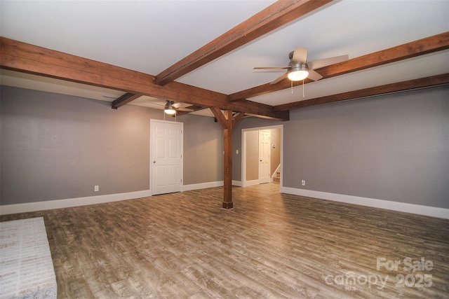 6008 Corkstone Dr, Mint Hill, NC 28227 - unfurnished living room featuring a ceiling fan, beamed ceiling, wood finished floors, baseboards, and stairway