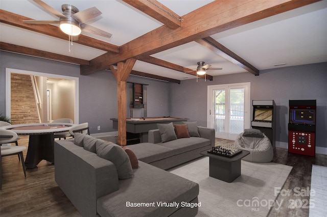 6008 Corkstone Dr, Mint Hill, NC 28227 - living room featuring a ceiling fan, wood finished floors, beamed ceiling, stairs, and baseboards