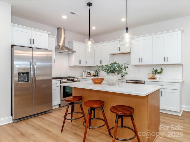 kitchen featuring stainless steel appliances, wall chimney exhaust hood, light wood-style floors, white cabinetry, and recessed lighting