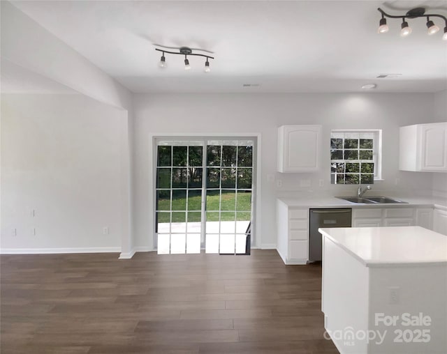 kitchen with track lighting, a sink, dark wood finished floors, white cabinetry, and stainless steel dishwasher