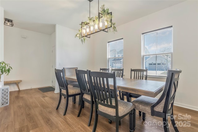 14224 Canemeadow Dr, Charlotte, NC 28278 - dining space featuring a chandelier, wood finished floors, and baseboards