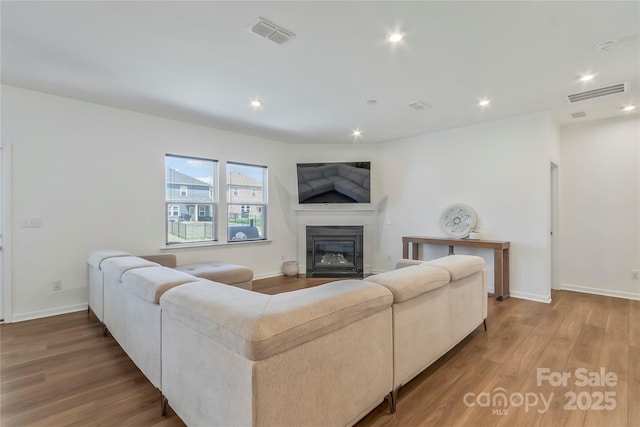 14224 Canemeadow Dr, Charlotte, NC 28278 - living area with a glass covered fireplace, wood finished floors, recessed lighting, and baseboards