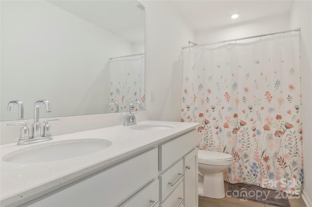 14224 Canemeadow Dr, Charlotte, NC 28278 - full bath featuring double vanity, toilet, and curtained shower