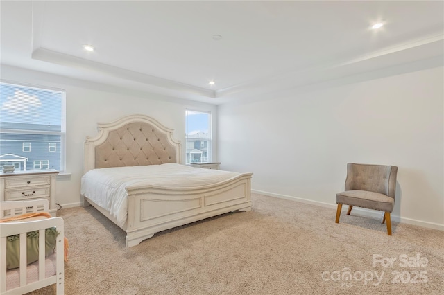 14224 Canemeadow Dr, Charlotte, NC 28278 - bedroom featuring a raised ceiling, light carpet, baseboards, and recessed lighting