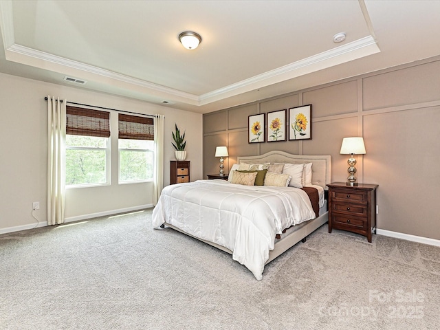 10035 Mast Cove Ln, Charlotte, NC 28278 - bedroom with a tray ceiling, ornamental molding, light colored carpet, and baseboards