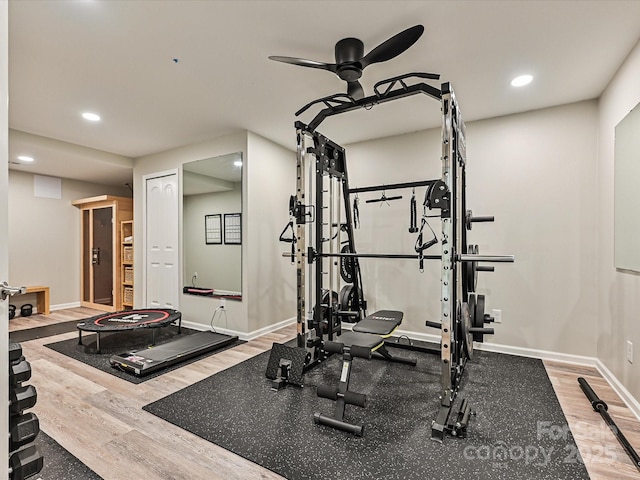 10035 Mast Cove Ln, Charlotte, NC 28278 - workout room with wood finished floors, a ceiling fan, recessed lighting, and baseboards