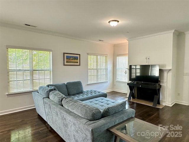 12421 Fiorentina St, Charlotte, NC 28277 - living area with crown molding, dark wood-style flooring, and visible vents