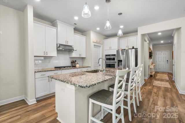 kitchen featuring a sink, appliances with stainless steel finishes, dark wood finished floors, baseboards, and under cabinet range hood