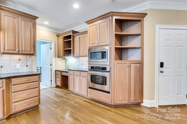 kitchen with stainless steel appliances, open shelves, ornamental molding, and light wood finished floors