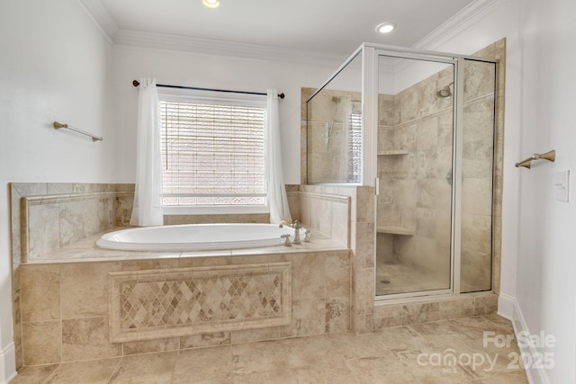 full bath with crown molding, tile patterned floors, a stall shower, and a garden tub