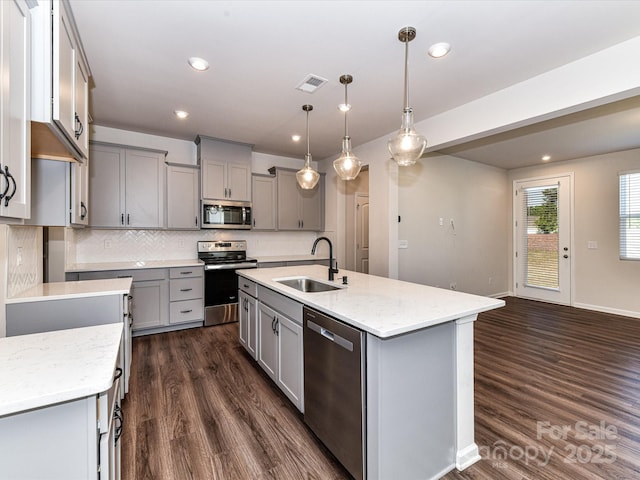 9134 Northfield Crossing Dr, Charlotte, NC 28269 - kitchen with a sink, appliances with stainless steel finishes, gray cabinetry, and visible vents