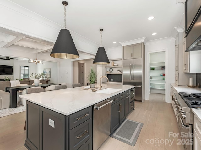 kitchen with a sink, open floor plan, a kitchen island with sink, stainless steel appliances, and light wood-style flooring