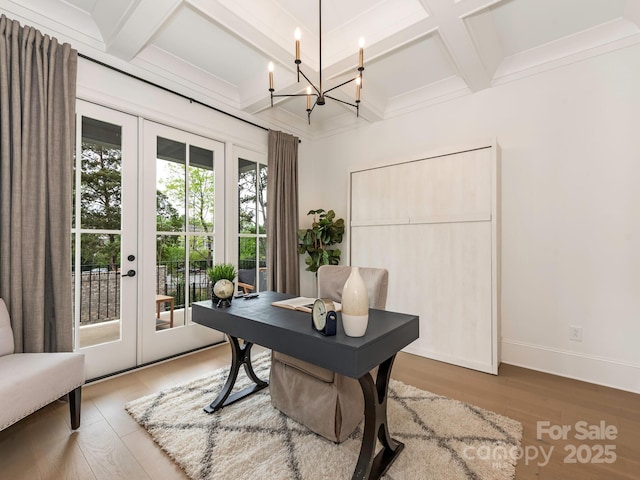 office with an inviting chandelier, french doors, beam ceiling, coffered ceiling, and wood finished floors