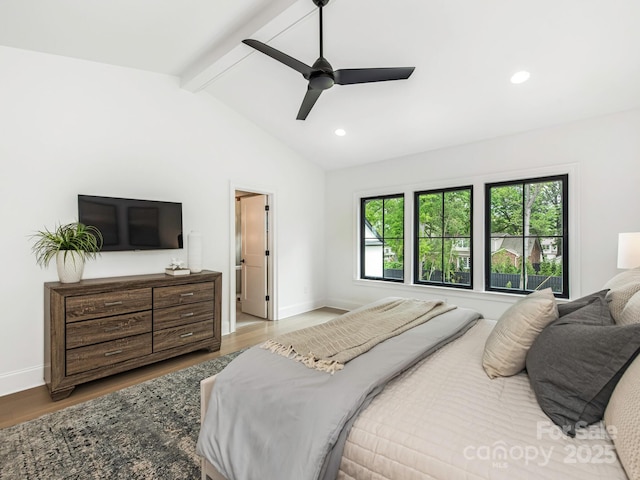 bedroom featuring baseboards, lofted ceiling with beams, recessed lighting, ceiling fan, and wood finished floors