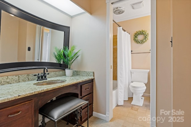 full bathroom with visible vents, shower / bath combination with curtain, toilet, vanity, and tile patterned floors