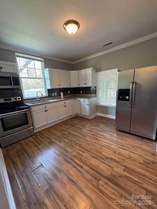 kitchen featuring stainless steel appliances, plenty of natural light, and ornamental molding