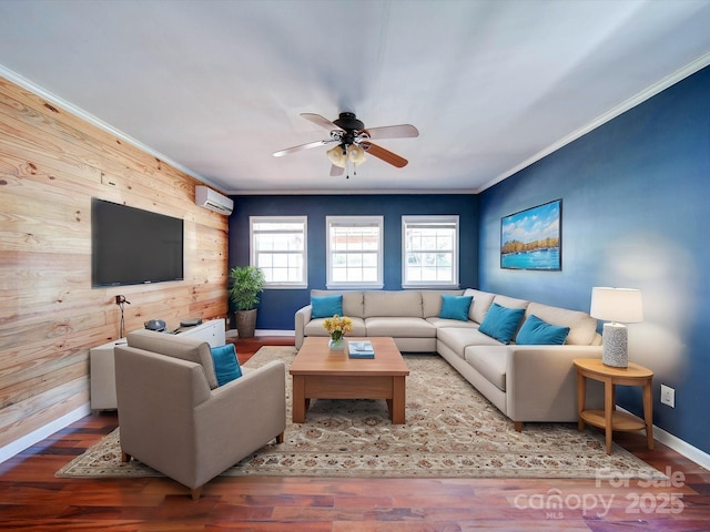 3530 Farm Lake Dr SW, Concord, NC 28027 - living room with crown molding, ceiling fan, a wall unit AC, wood walls, and baseboards