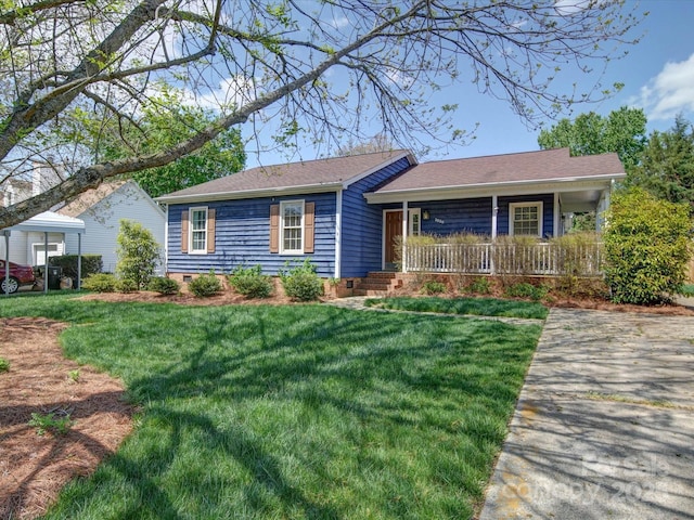 3530 Farm Lake Dr SW, Concord, NC 28027 - ranch-style house with a porch, roof with shingles, and a front lawn