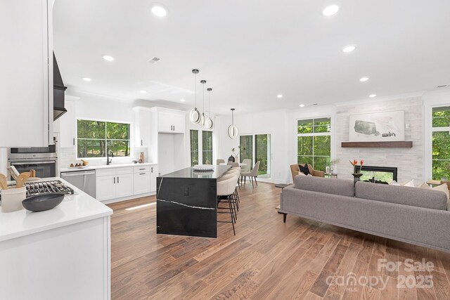 13453 Portside Ln, Lancaster, SC 29720 - kitchen featuring stainless steel appliances, open floor plan, recessed lighting, and light wood-style flooring