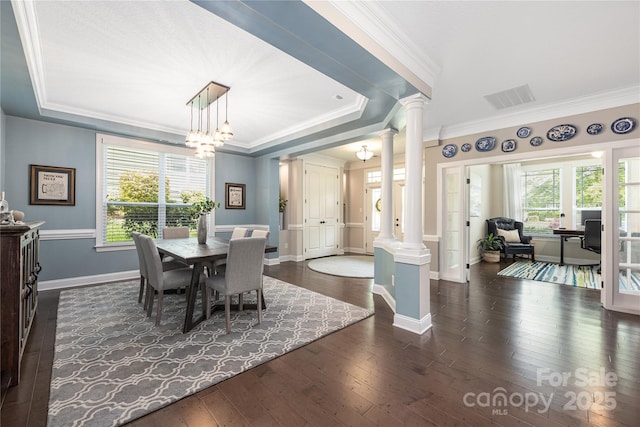 12942 Blakemore Ave, Huntersville, NC 28078 - dining space featuring a raised ceiling, visible vents, and ornate columns