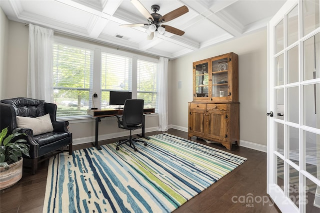 12942 Blakemore Ave, Huntersville, NC 28078 - office space with coffered ceiling, dark wood-type flooring, visible vents, and plenty of natural light