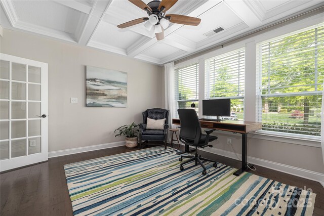 12942 Blakemore Ave, Huntersville, NC 28078 - office with visible vents, plenty of natural light, baseboards, and coffered ceiling