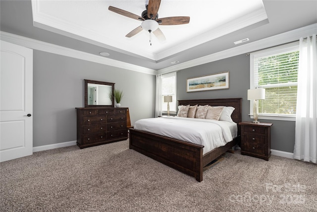 12942 Blakemore Ave, Huntersville, NC 28078 - carpeted bedroom with a tray ceiling, visible vents, a ceiling fan, ornamental molding, and baseboards