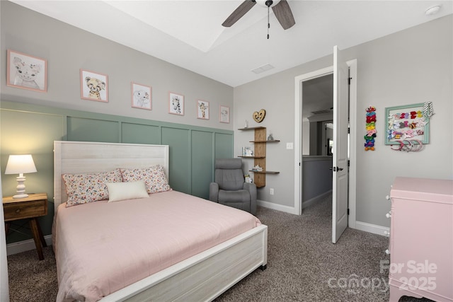 12942 Blakemore Ave, Huntersville, NC 28078 - bedroom with a decorative wall, ceiling fan, carpet floors, a wainscoted wall, and visible vents