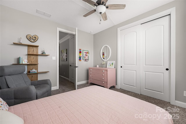 12942 Blakemore Ave, Huntersville, NC 28078 - bedroom with carpet flooring, visible vents, baseboards, a ceiling fan, and a closet