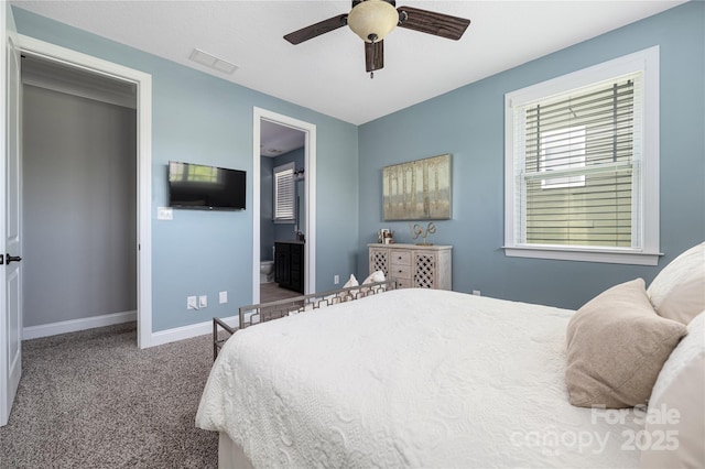 12942 Blakemore Ave, Huntersville, NC 28078 - carpeted bedroom featuring visible vents, a ceiling fan, baseboards, and connected bathroom