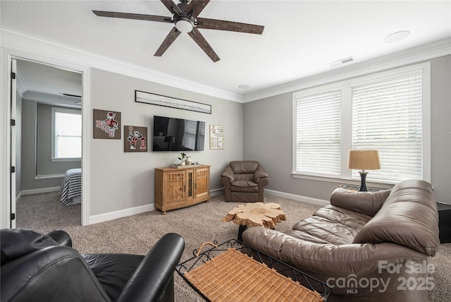 12942 Blakemore Ave, Huntersville, NC 28078 - carpeted living room with ornamental molding, baseboards, visible vents, and ceiling fan