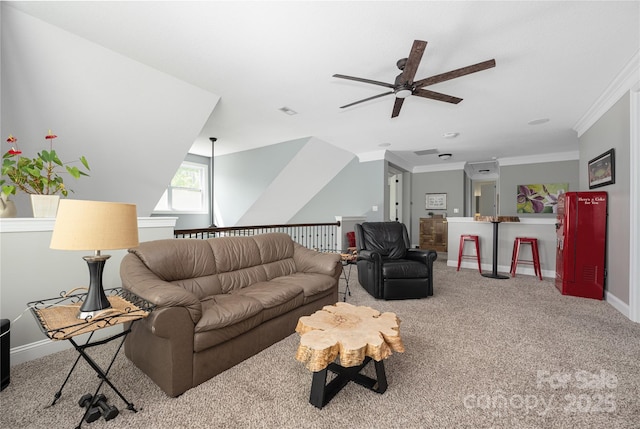 12942 Blakemore Ave, Huntersville, NC 28078 - carpeted living area featuring visible vents, a ceiling fan, baseboards, and ornamental molding
