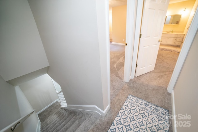 stairs with baseboards and carpet